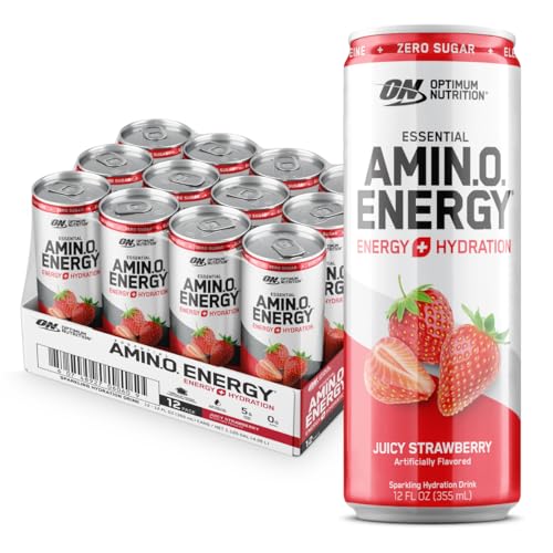51EgXQvPxWL.jpg Optimum Nutrition Amino Energy Drink + Electrolytes for Hydration - Sugar Free, Amino Acids, BCAA, Keto Friendly, Sparkling Drink - Juicy Strawberry, Pack of 12 (Packaging May Vary) - Image 1