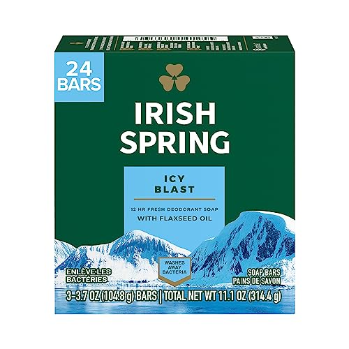 51VlGtxMzGL.jpg Irish Spring Icy Blast Bar Soap for Men, Mens Soap, Smell Fresh and Clean 12 Hours, Men Bars Washing Hands Body, Mild Skin, Recyclable Carton, 24 Pack, 3.7 Oz - Image 1