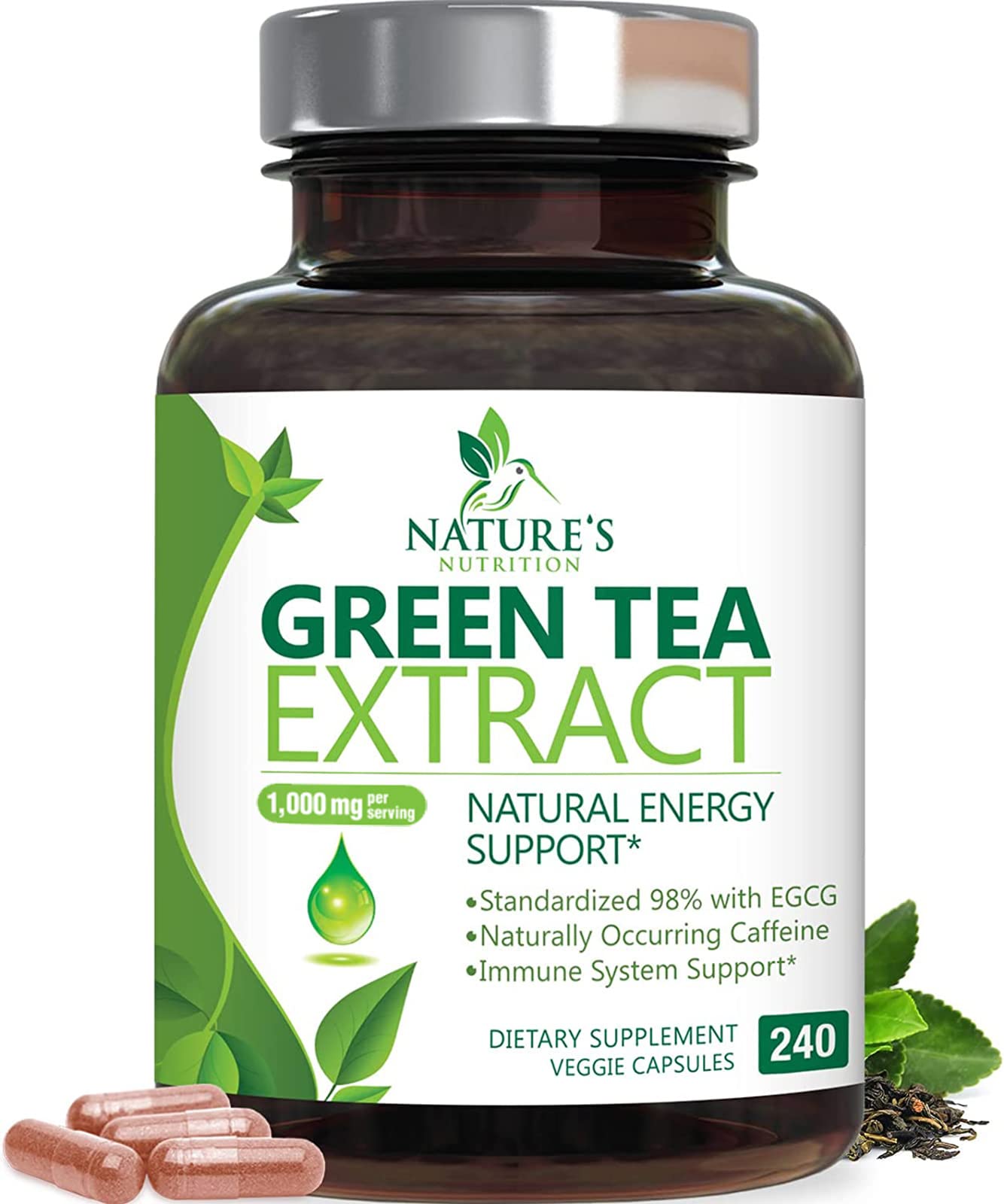 Version 1.0.0 Green Tea Extract Capsules 1000mg 98% Standardized EGCG - 3X Strength for Natural Energy - Heart Support with Polyphenols - Gentle Caffeine - 240 Capsules - Image 1