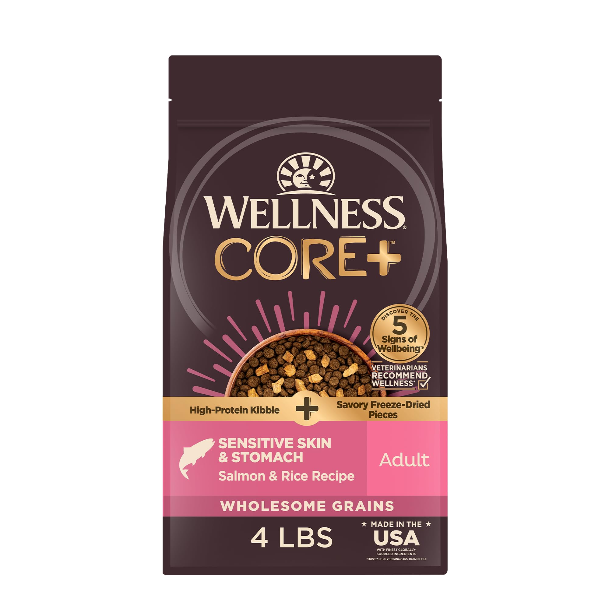 Version 1.0.0 Wellness CORE+ Sensitive Skin & Stomach Dry Dog Food with Freeze Dried Pieces, Wholesome Grains, High Protein, Natural, Salmon & Rice Recipe, (4-Pound Bag) - Image 1